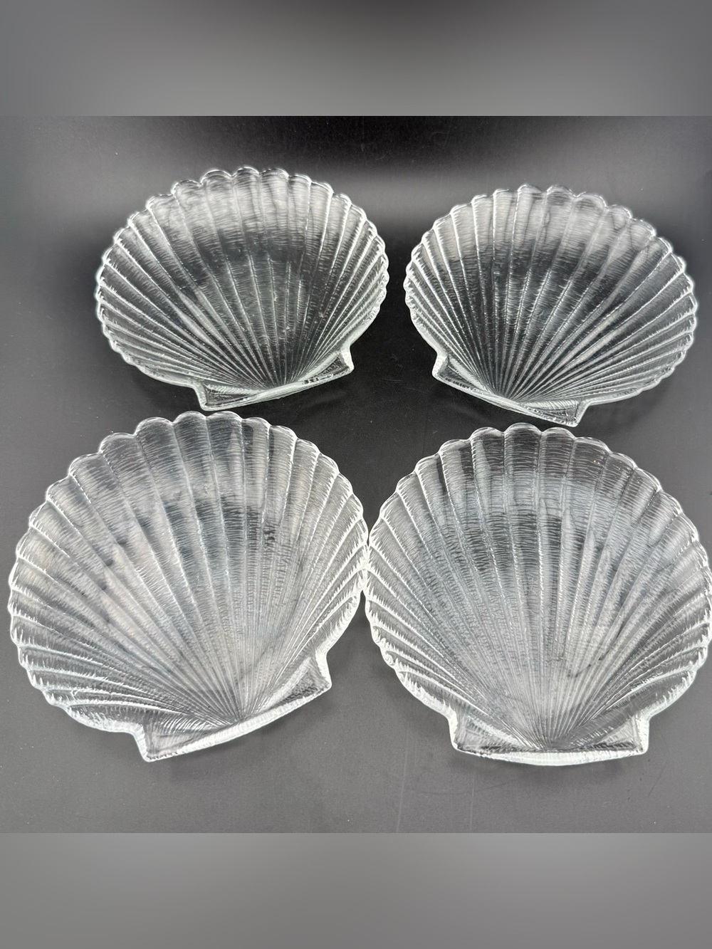4 Arcoroc Coquillage clear glass scallop shell design plates. France. 5.5”